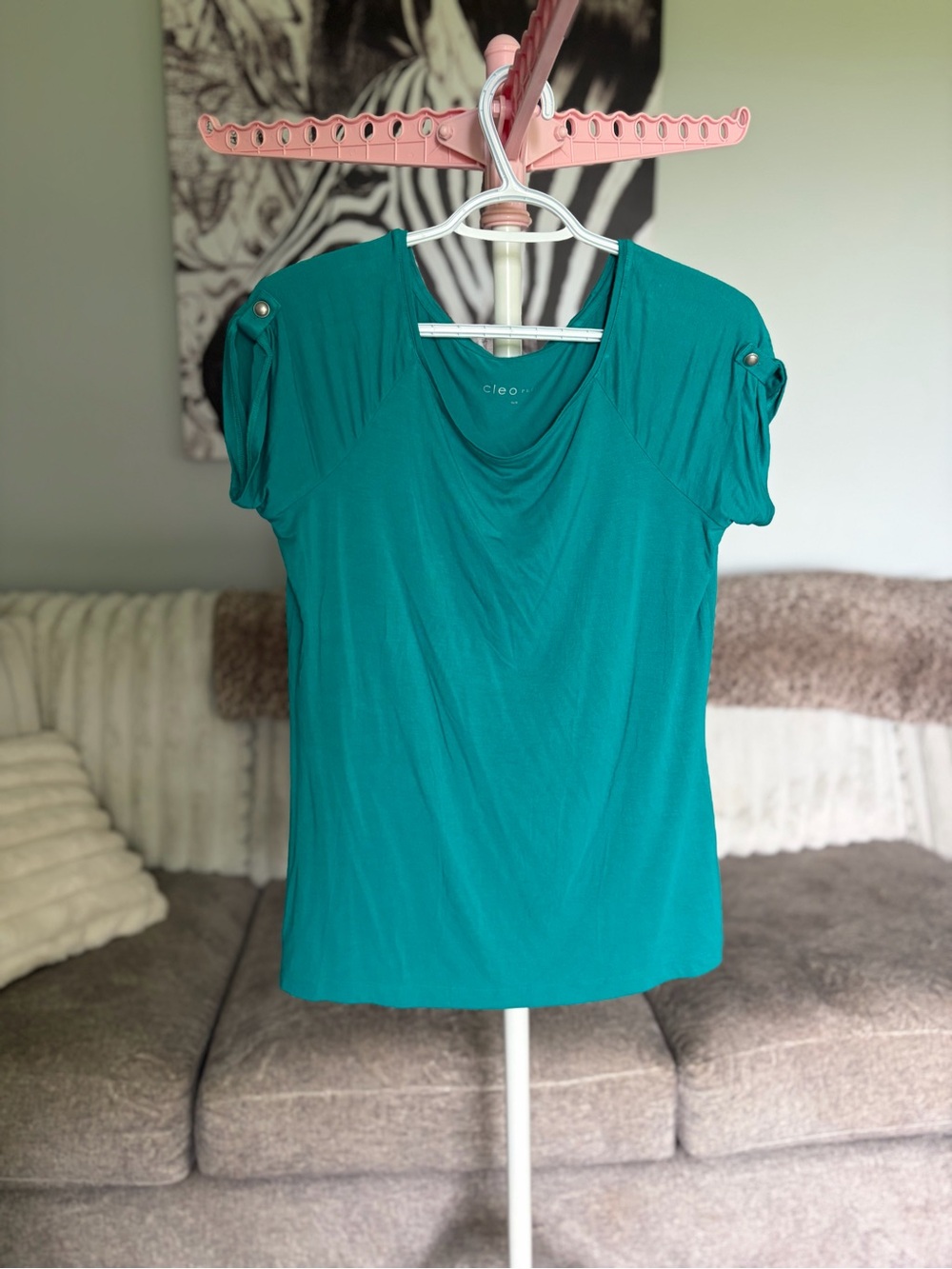 cleo Teal Short-Sleeve Drape Neck Top with Button-Tab Sleeves